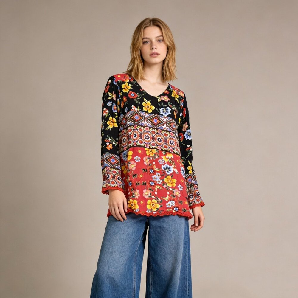 NWOT Johnny Was Floral V-Neck Multicolor Long Sleeves Shirt Blouse Size S